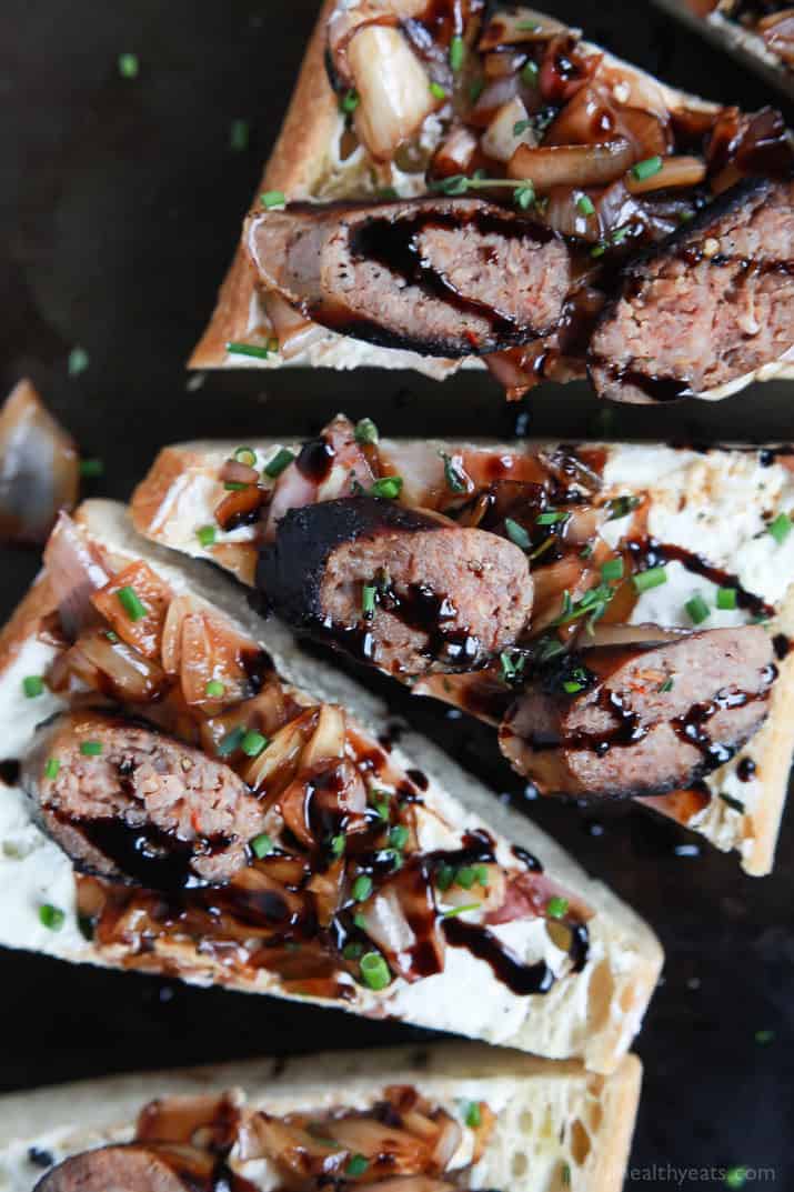 This Balsamic Italian Sausage Crostini topped with Whipped Goat Cheese is the perfect party appetizer to wow your guests for the holidays. It's fancy, delicious, and so easy! | joyfulhealthyeats.com