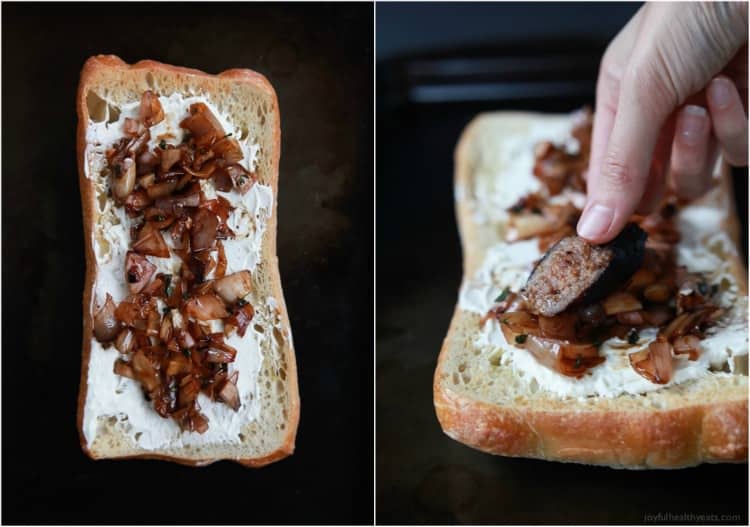 Crostini with whipped goat cheese and caramelized onions