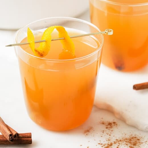 Landscape photo of crockpot hot apple cider.