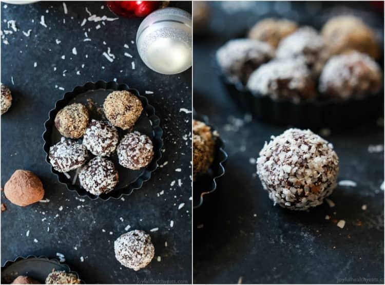 Top view and close up view of homemade chocolate truffles with a variety of toppings