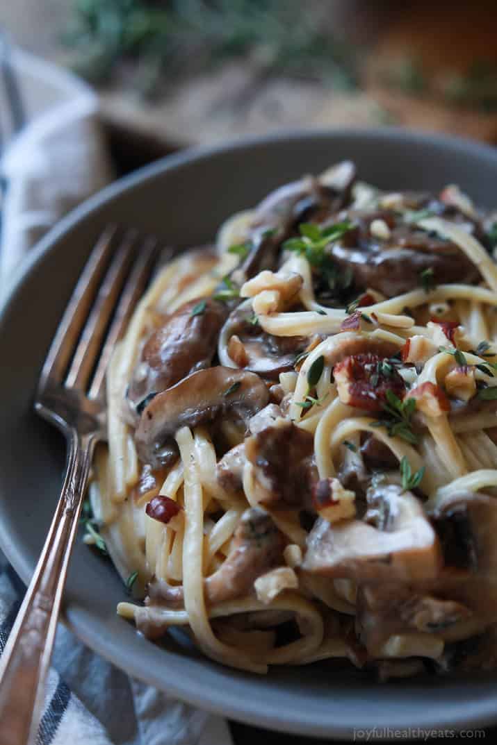 Close-up view of Drunken Wild Mushroom Pasta