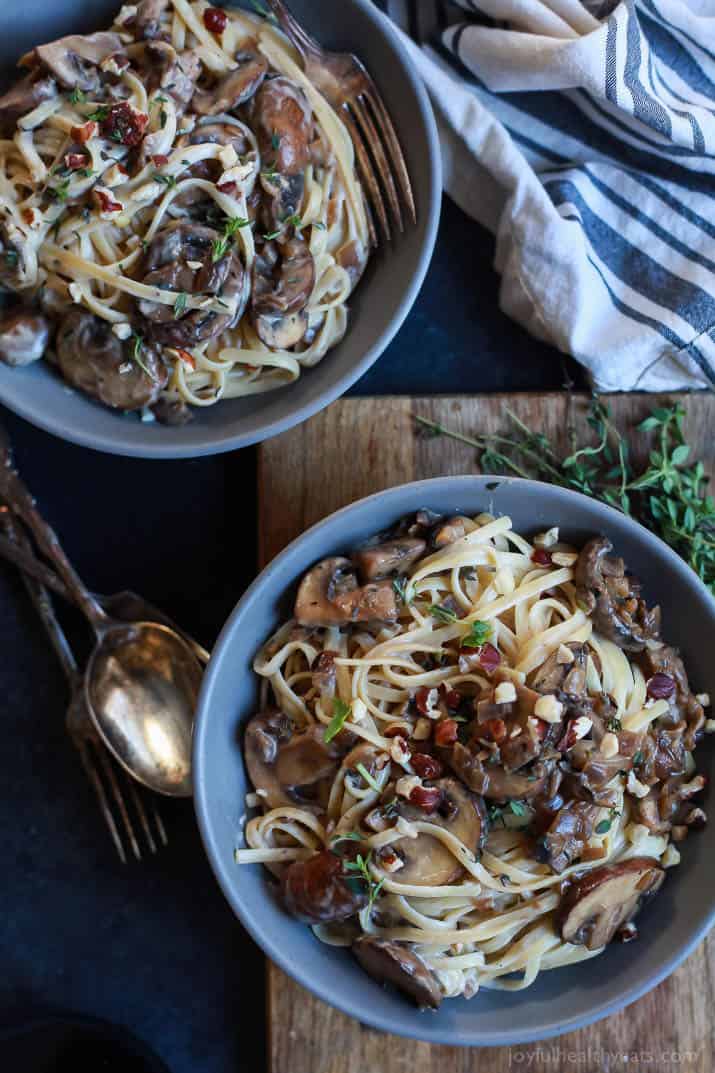 Top view of two Bowls of Drunken Wild Mushroom Pasta