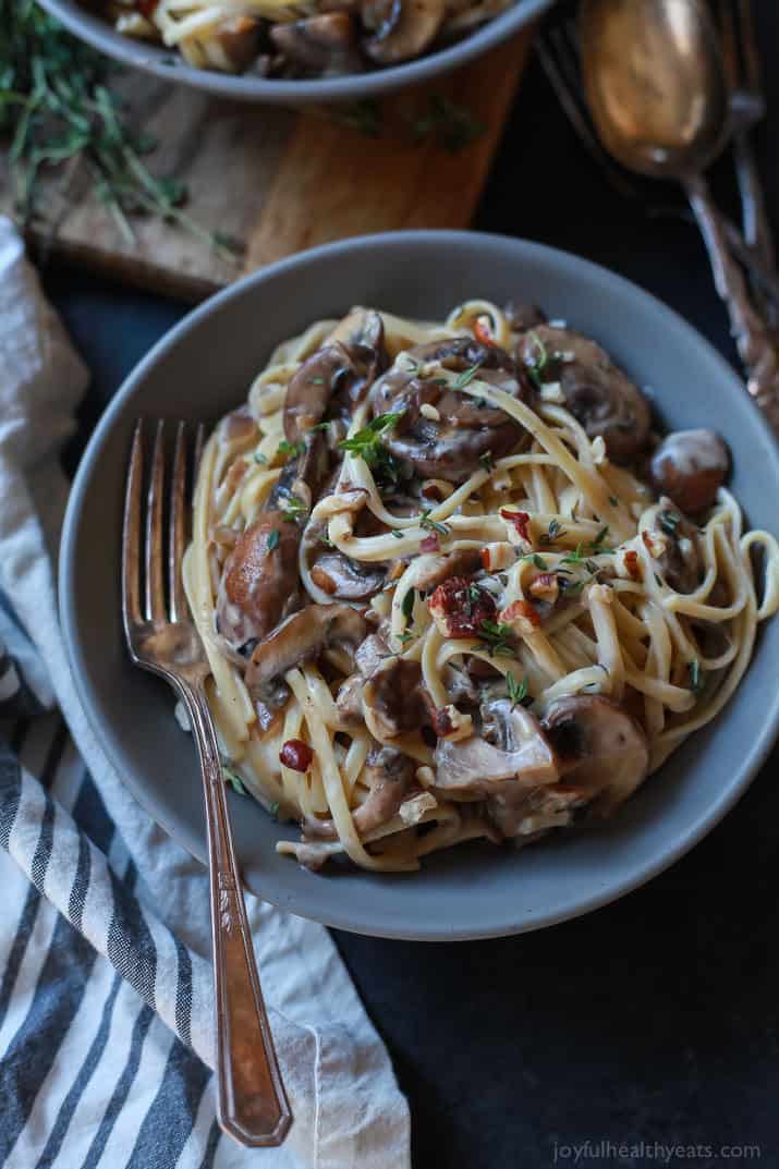 Top view of a Bowl of Drunken Wild Mushroom Pasta