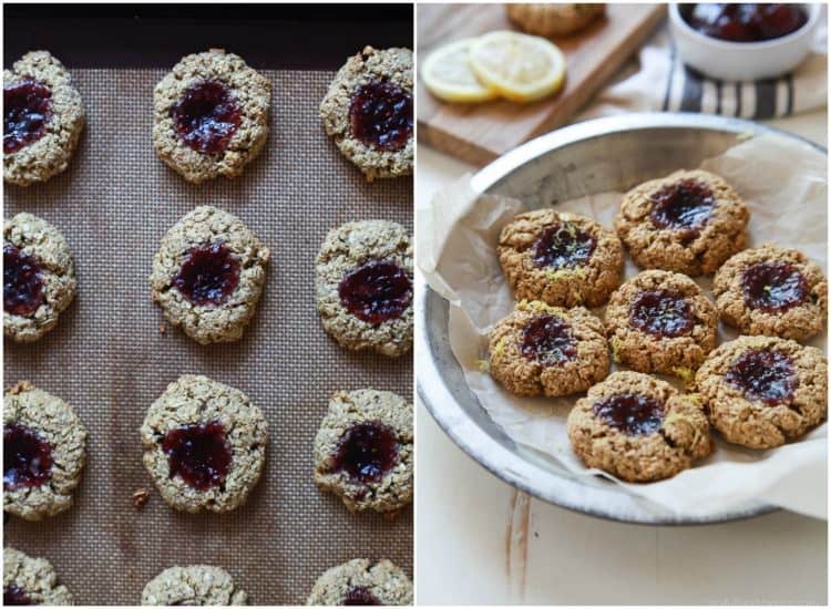 Collage of Flourless Lemon Raspberry Thumbprint Cookies on a baking mat and on a plate