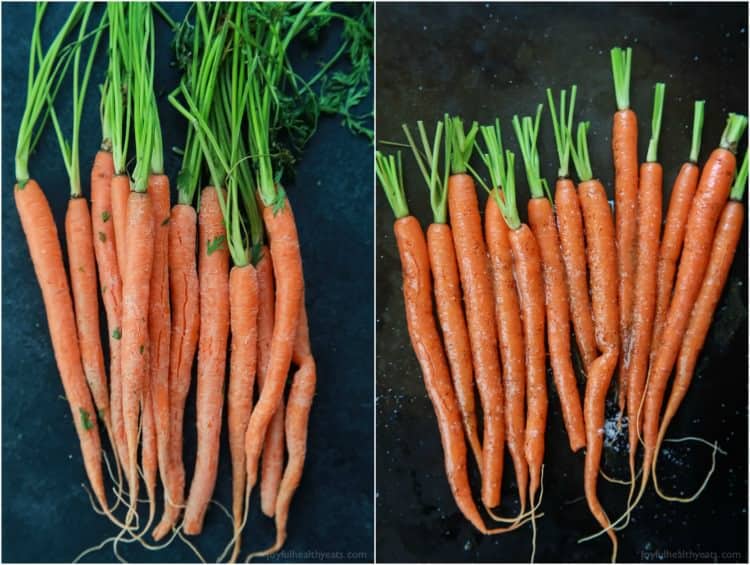 A photo of fresh carrots before they are cooked and a photo of carrots after being cookied