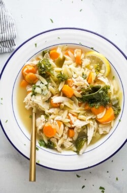 Bowl of lemon chicken orzo soup.