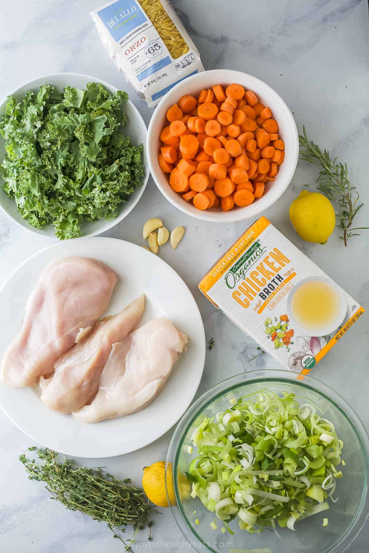 Ingredients for lemon chicken orzo soup.