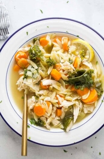 Bowl of lemon chicken orzo soup.