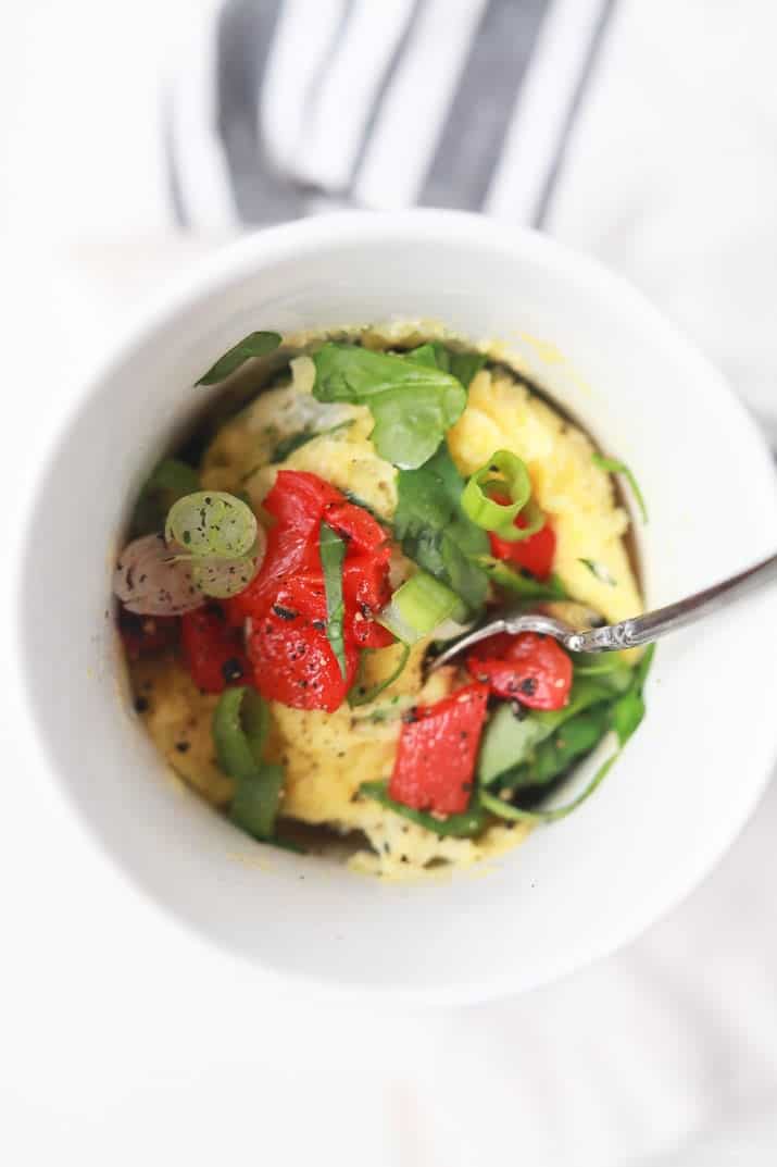 Top view of egg omelet in a mug