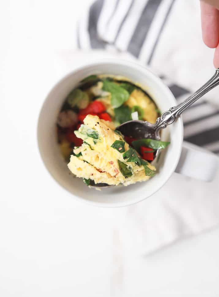 Top view of a scoop of egg omelet in a mug