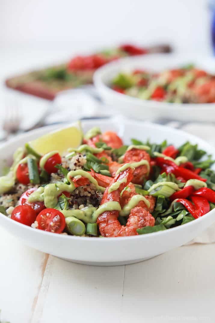 Blackened Shrimp Quinoa Bowl topped with Avocado Crema