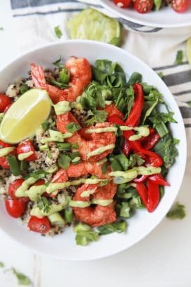 Image of a Blackened Shrimp Quinoa Bowl with Avocado Crema