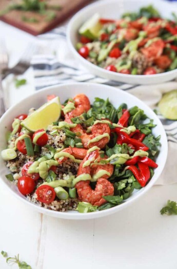 Blackened Shrimp Quinoa Bowl topped with a silky Avocado Crema - an easy, delicious, gluten free recipe that can be on the table in just 30 minutes! | joyfulhealthyeats.com Easy Healthy Recipes