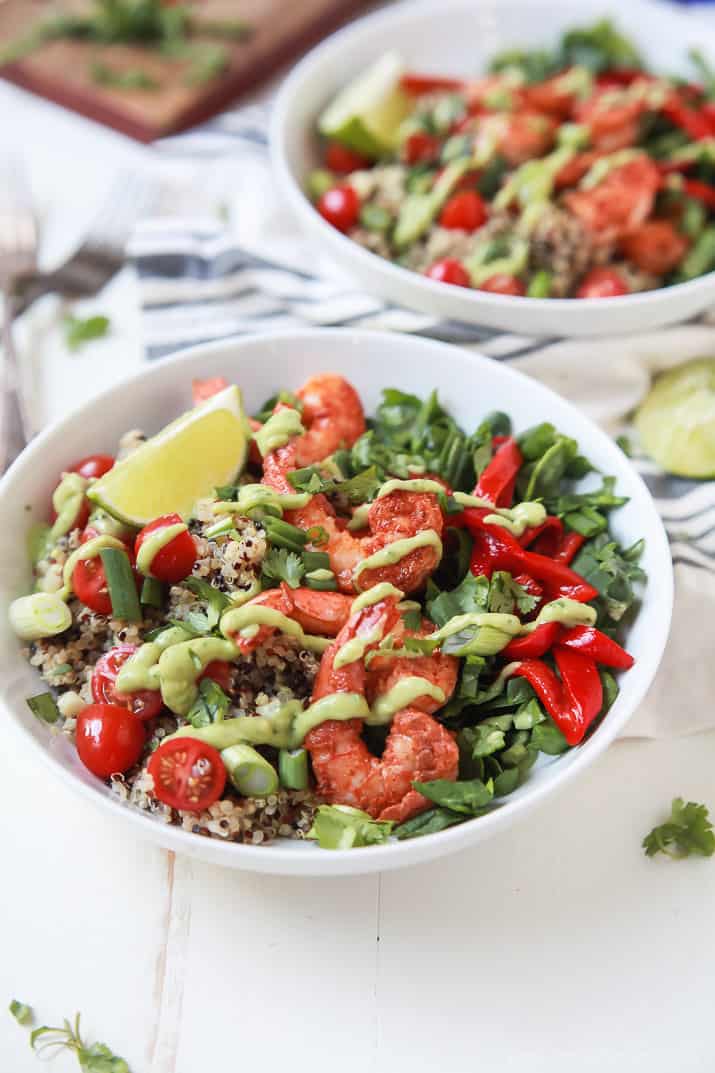 Blackened Shrimp Quinoa Bowl topped with Avocado Crema