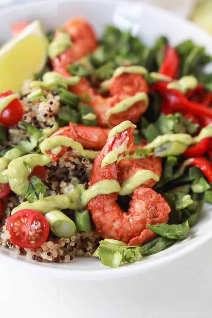 Blackened Shrimp Quinoa Bowl topped with Avocado Crema