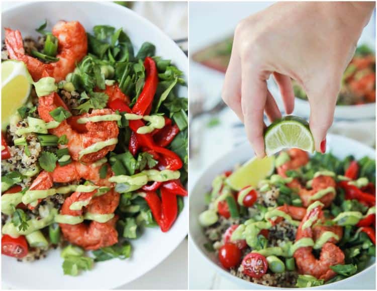 Blackened Shrimp Quinoa Bowl topped with Avocado Crema