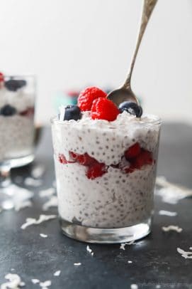 vanilla chia seed pudding a jar topped with fresh fruit
