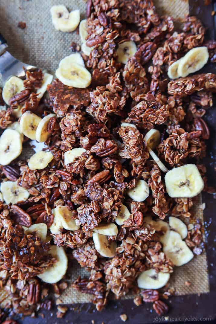 Top view of Homemade Banana Bread Granola on a baking sheet