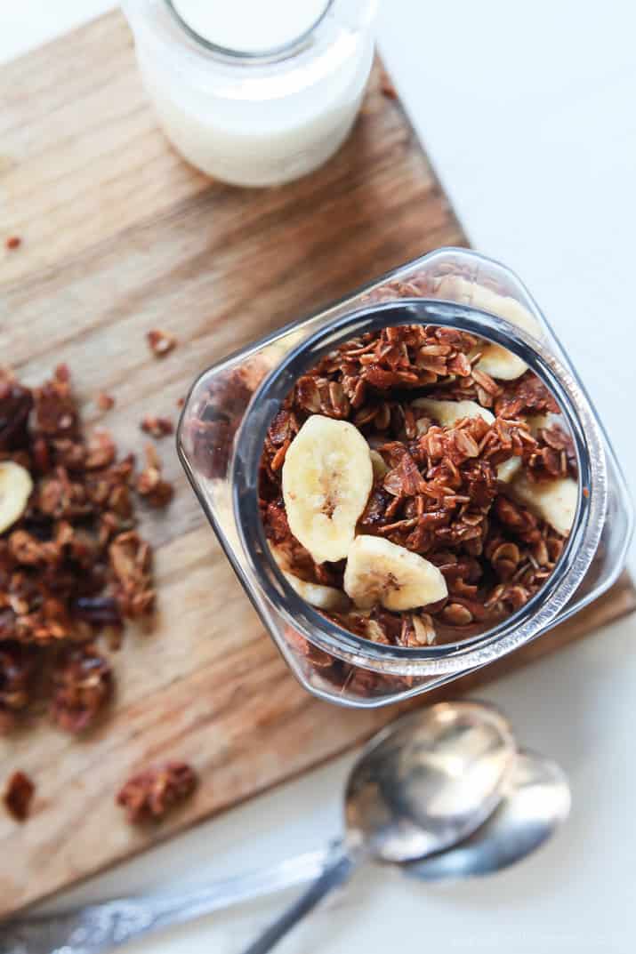 Top view of Homemade Banana Bread Granola in a jar