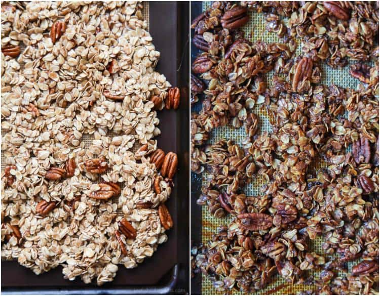 Banana Bread Granola on a baking sheet before and after baking