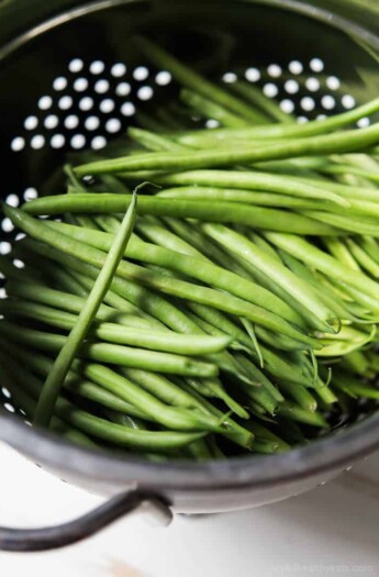 Green Beans in a Metal Strainer