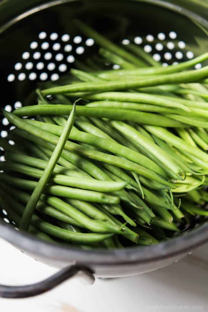 Green Beans in a Metal Strainer