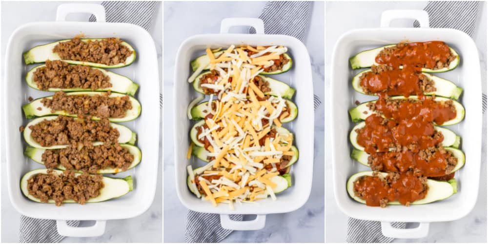 Three images of zucchini boats in a baking dish - one with ground beef, the second with cheese and the third with enchilada sauce