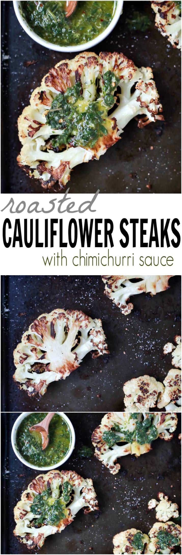 Easy naturally Gluten Free Roasted Cauliflower Steaks topped with fresh zesty Chimichurri Sauce at only 106 calories. Who knew Cauliflower could taste so good! This recipe is down right addicting! | joyfulhealthyeats.com