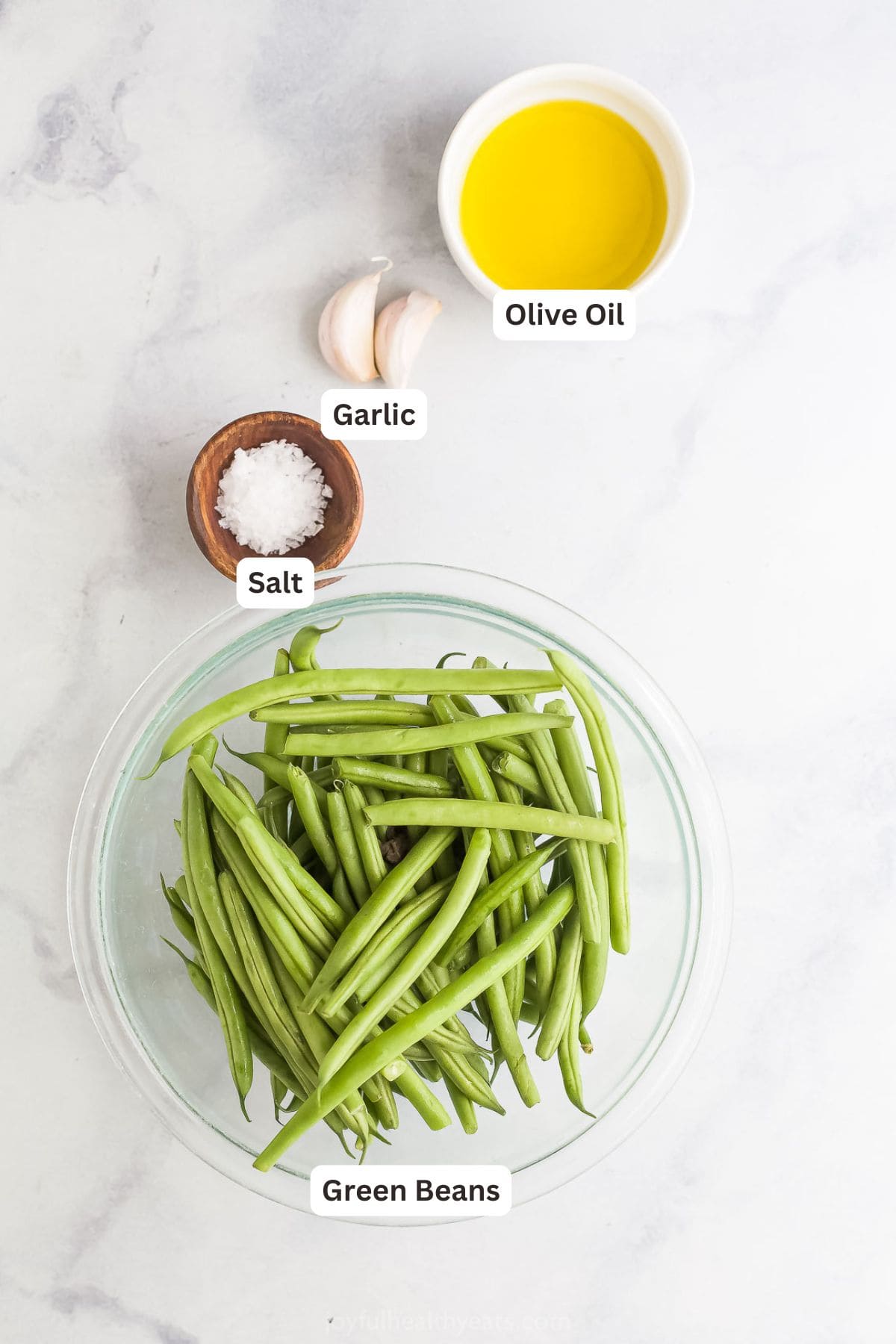 Ingredients for skillet green beans with labels.