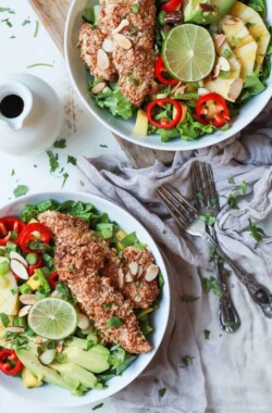 Change up your salad game with this Tropical Coconut Chicken Salad filled with fresh exotic fruits and homemade almond-coconut crusted chicken tenders. It's a swoon worthy salad that'll take you to the beach and you'll want to repeat all week! | joyfulhealthyeats.com Easy Dinner Recipes