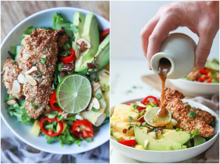 Change up your salad game with this Tropical Coconut Chicken Salad filled with fresh exotic fruits and homemade almond-coconut crusted chicken tenders. It's a swoon worthy salad that'll take you to the beach and you'll want to repeat all week! | joyfulhealthyeats.com