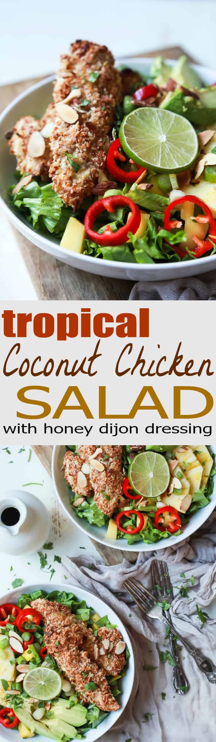 Change up your salad game with this Tropical Coconut Chicken Salad filled with fresh exotic fruits and homemade almond-coconut crusted chicken tenders. It's a swoon worthy salad that'll take you to the beach and you'll want to repeat all week! | joyfulhealthyeats.com