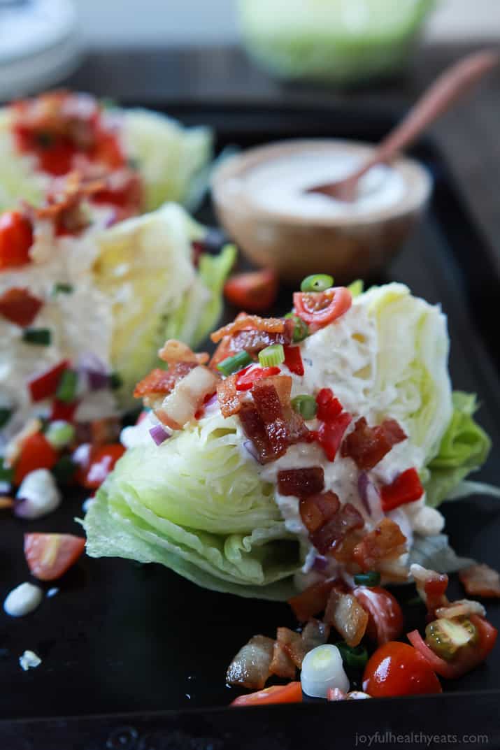 Classic Wedge Salad with Blue Cheese Dressing and crumbled bacon