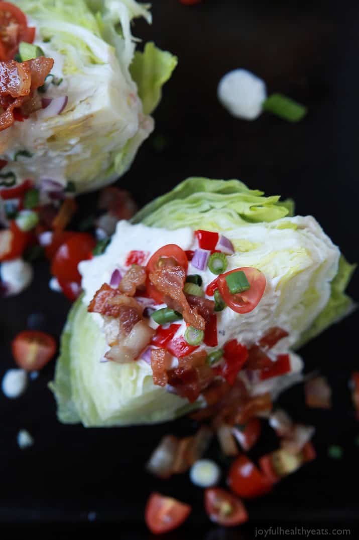 Classic Wedge Salad with Blue Cheese Dressing and crumbled bacon