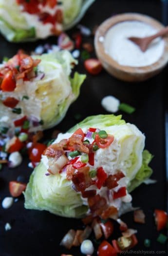 Simple Classic Wedge Salad with a Light Blue Cheese Dressing - a easy refreshing salad loaded with flavor from crispy Bacon to tangy Blue Cheese! Definitely a crowd pleaser and only 179 calories! | joyfulhealthyeats.com #glutenfree Quick Easy Dinner Ideas