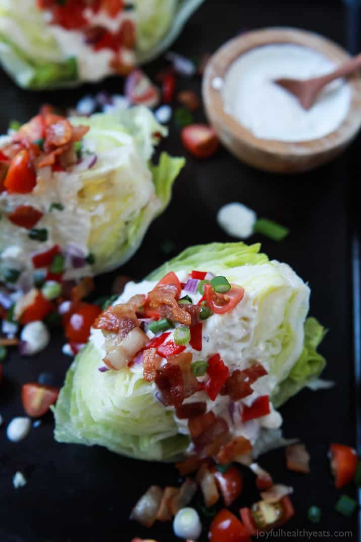 Top view of Classic Wedge Salad with Blue Cheese Dressing and crispy bacon