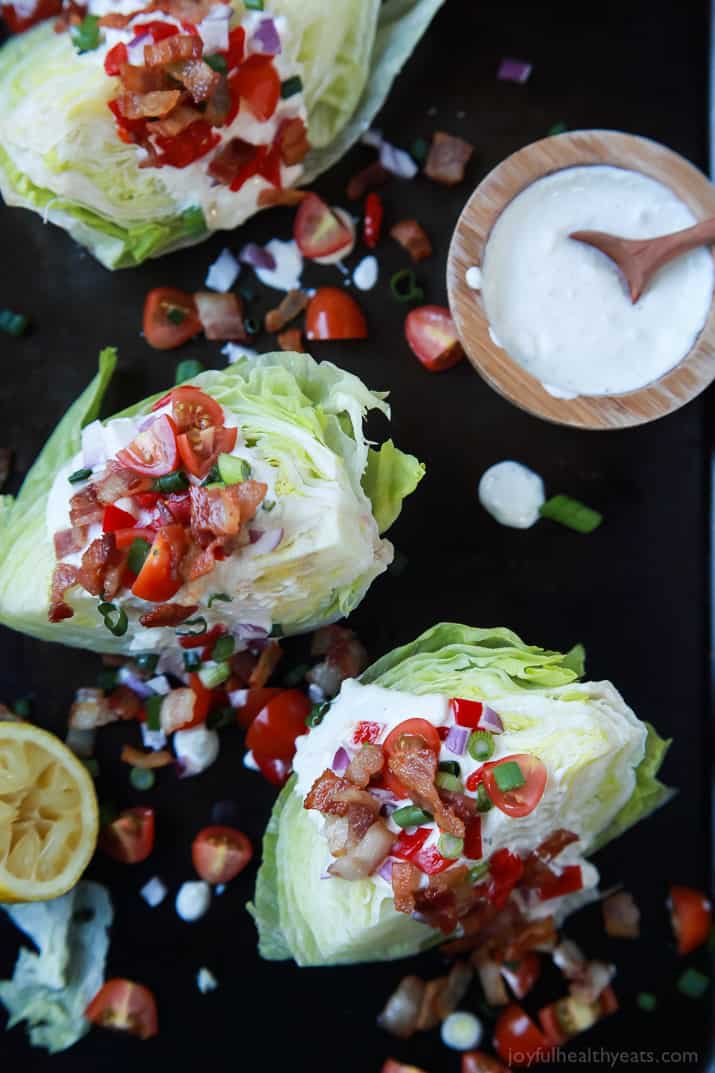 Top view of Classic Wedge Salad with Blue Cheese Dressing and crumbled bacon