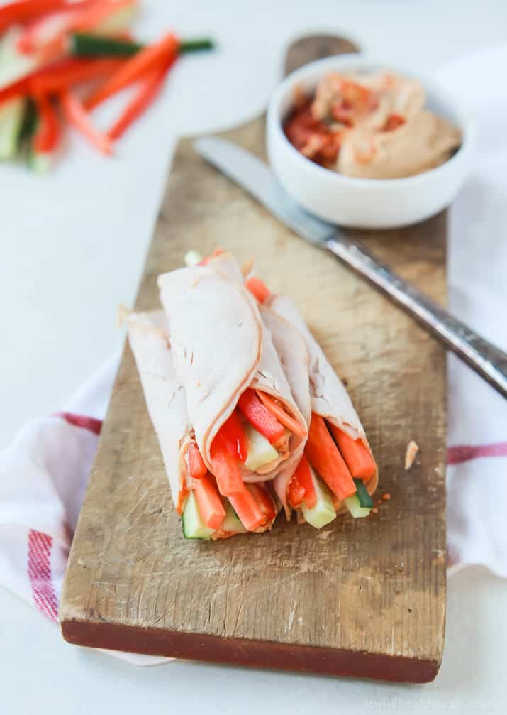 Veggie Turkey Rollups on a wooden board