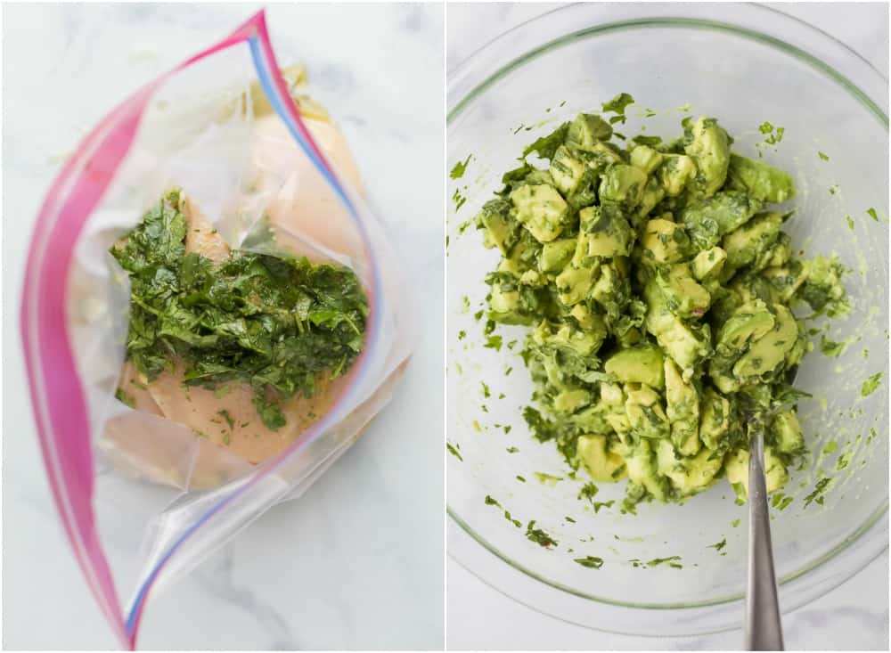 marinading cilantro lime chicken and a bowl of avocado salsa