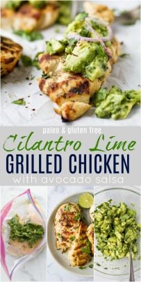 pinterest image with grilled cilantro lime chicken with avocado salsa