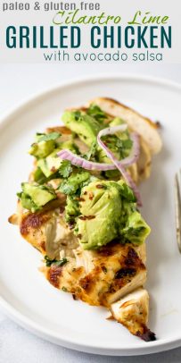 pinterest image for grilled cilantro lime chicken with avocado salsa