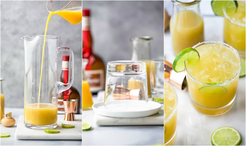 pitcher pouring margarita, a glass rim being salted and glasses with margarita and lime wedges