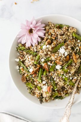 light creamy goat cheese asparagus quinoa salad in a bowl