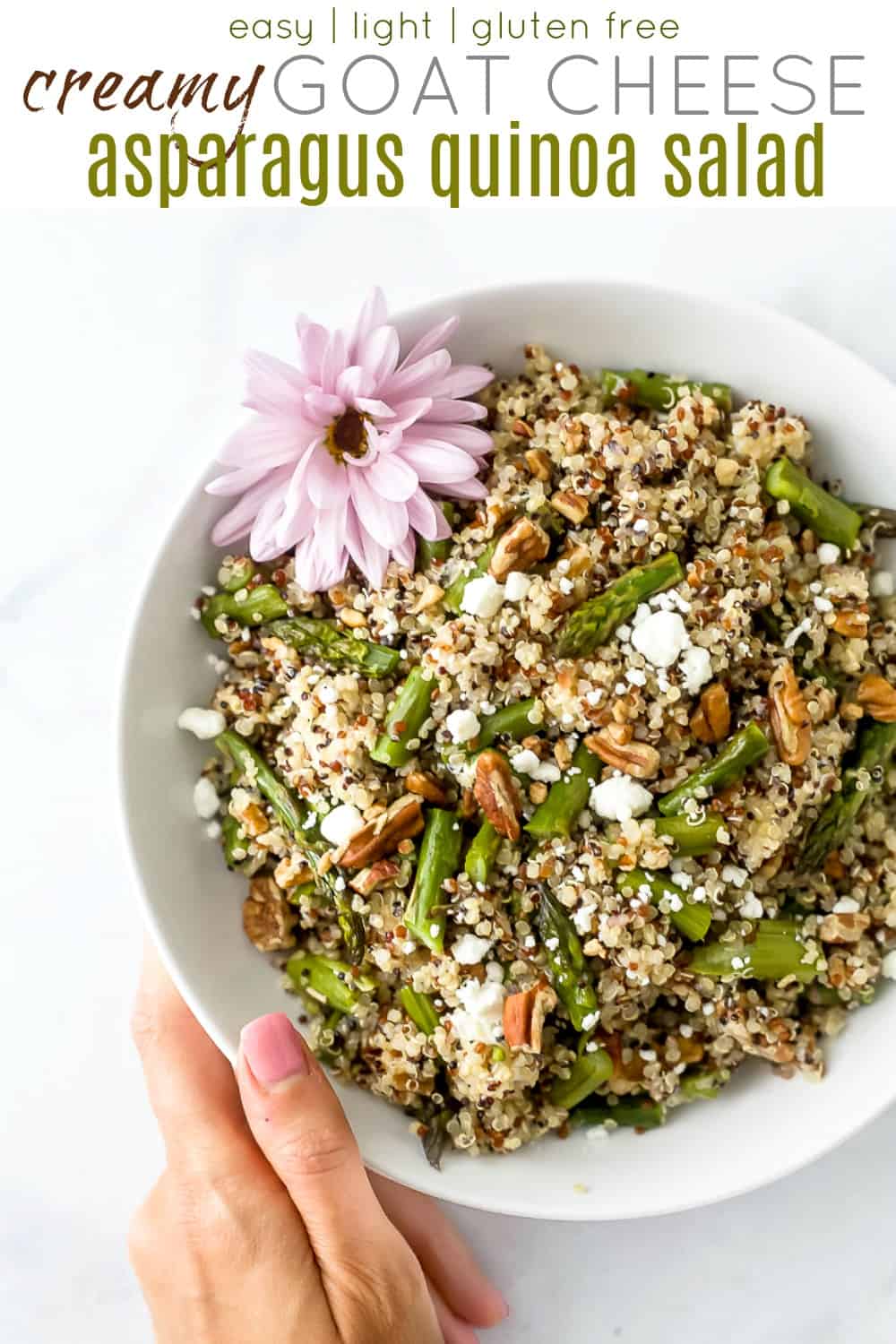 pinterest image for light creamy goat cheese asparagus quinoa salad