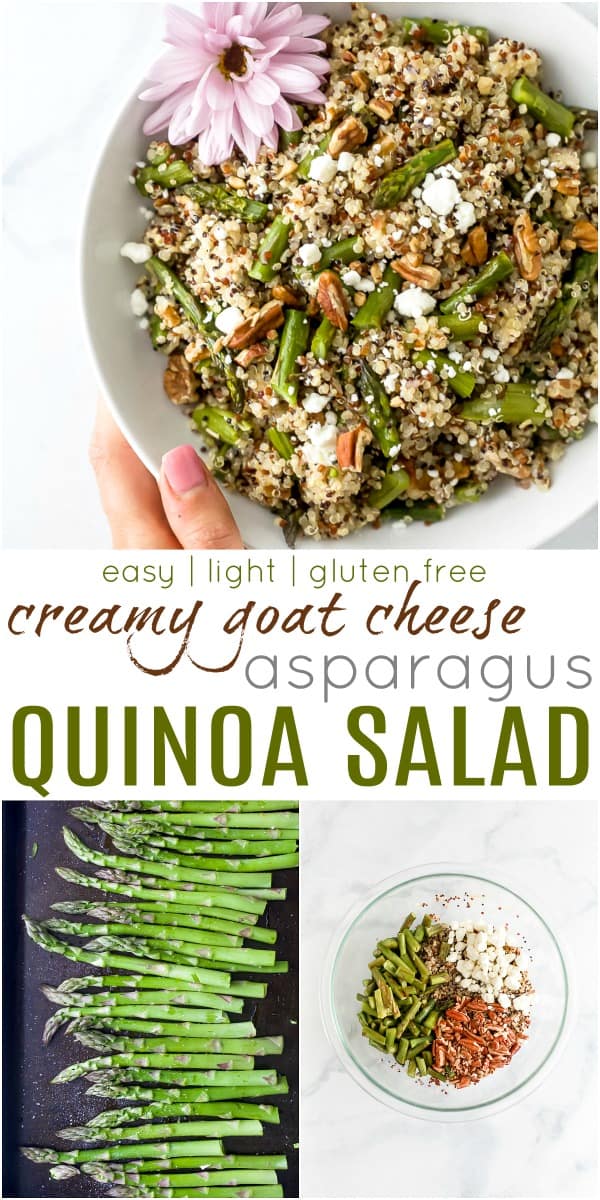 pinterest image for light creamy goat cheese asparagus quinoa salad