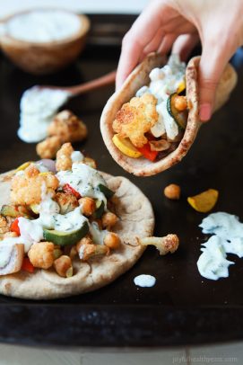 Image of Moroccan Cauliflower Chickpea Pita with Tzatziki Sauce