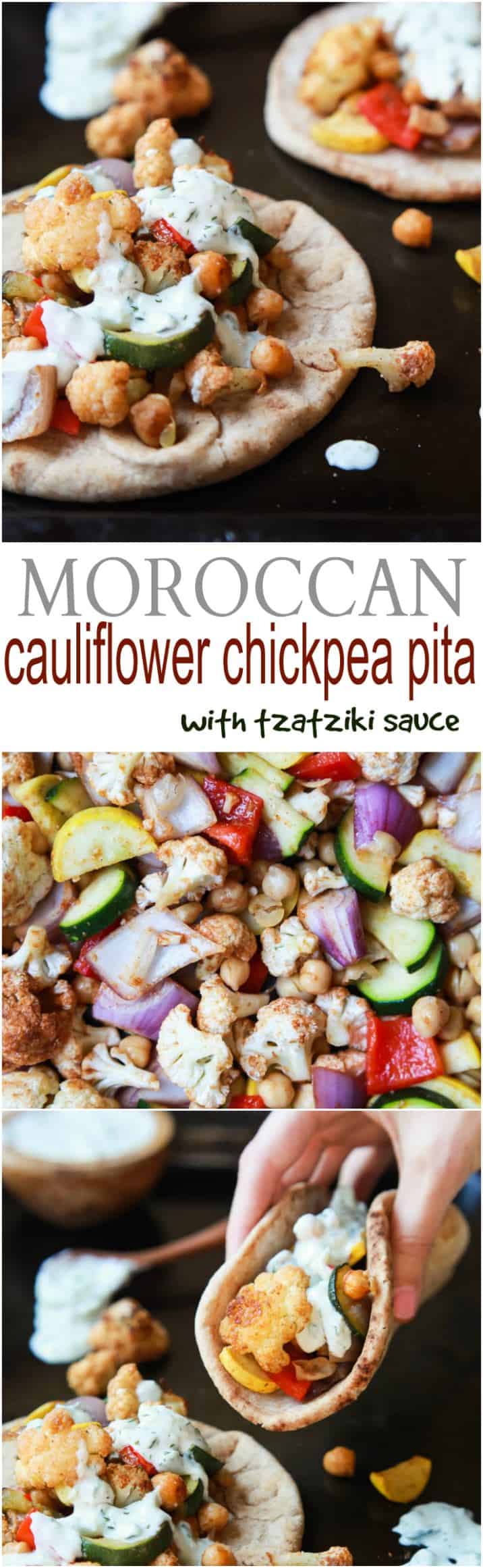 Moroccan Cauliflower Chickpea Pita - done in 35 minutes, filled with spiced roasted vegetables & covered in Tzatziki Sauce. A meal your family will love and perfect for meatless Monday! | joyfulhealthyeats.com #vegetarian