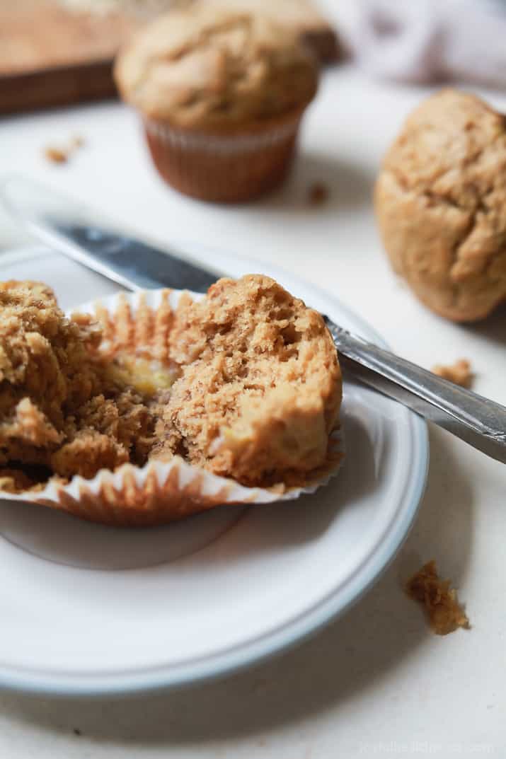 Spiced Chai Banana Muffins with a secret ingredient for an extra nutritional boost. These muffins are butter free, refined sugar free, crazy moist, and absolutely delicious. You and your kids will fall in love! | joyfulhealthyeats.com