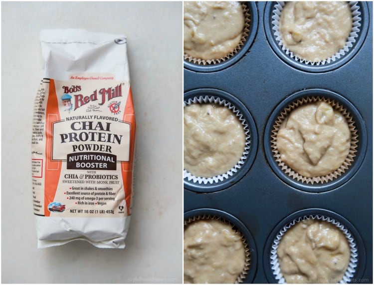 Spiced Chai Banana Muffins with a secret ingredient for an extra nutritional boost. These muffins are butter free, refined sugar free, crazy moist, and absolutely delicious. You and your kids will fall in love! | joyfulhealthyeats.com