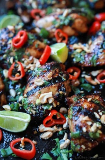 Gluten Free Spicy Thai Grilled Chicken, filled with bold asian flavors, extremely moist tender meat, and easy enough for a weeknight! A meal so irresistible your family is going to fall in love! | joyfulhealthyeats.com